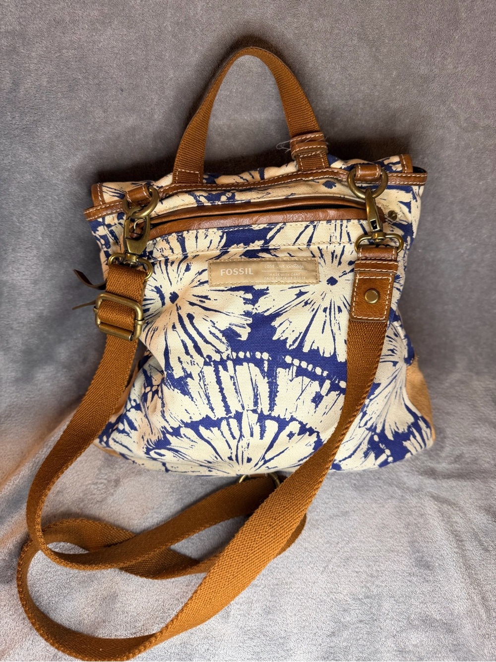 Fossil Blue and Cream Floral Canvas Backpack with Brown Leather Trim - Picture 6 of 10